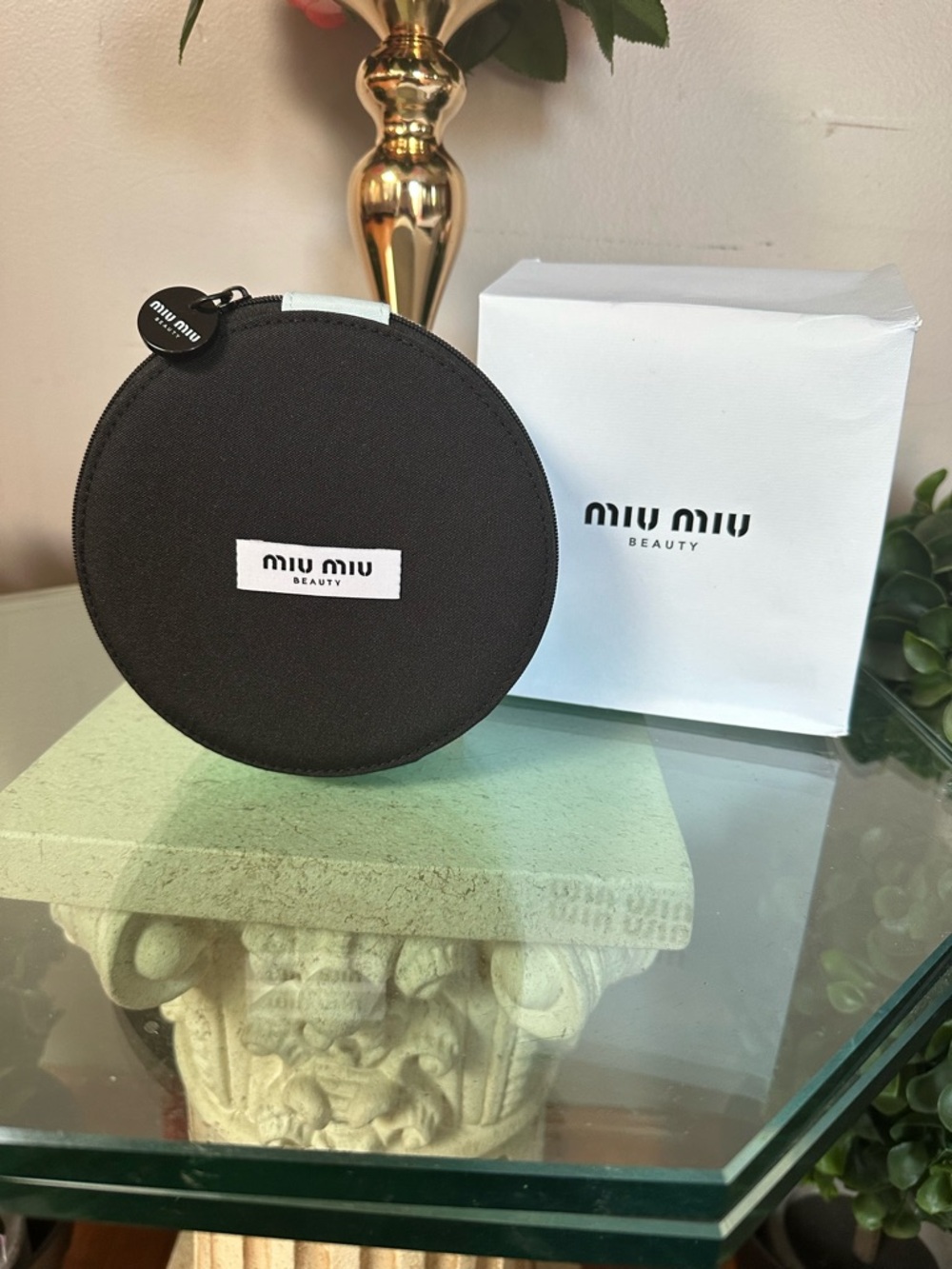 Miu Miu Black Round Beauty Pouch with White Logo Patch